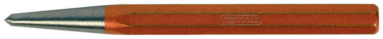 Ein orangefarbener Metall-Dorn, spitz zulaufend, vermutlich als Markier- oder Körnerwerkzeug verwendet.