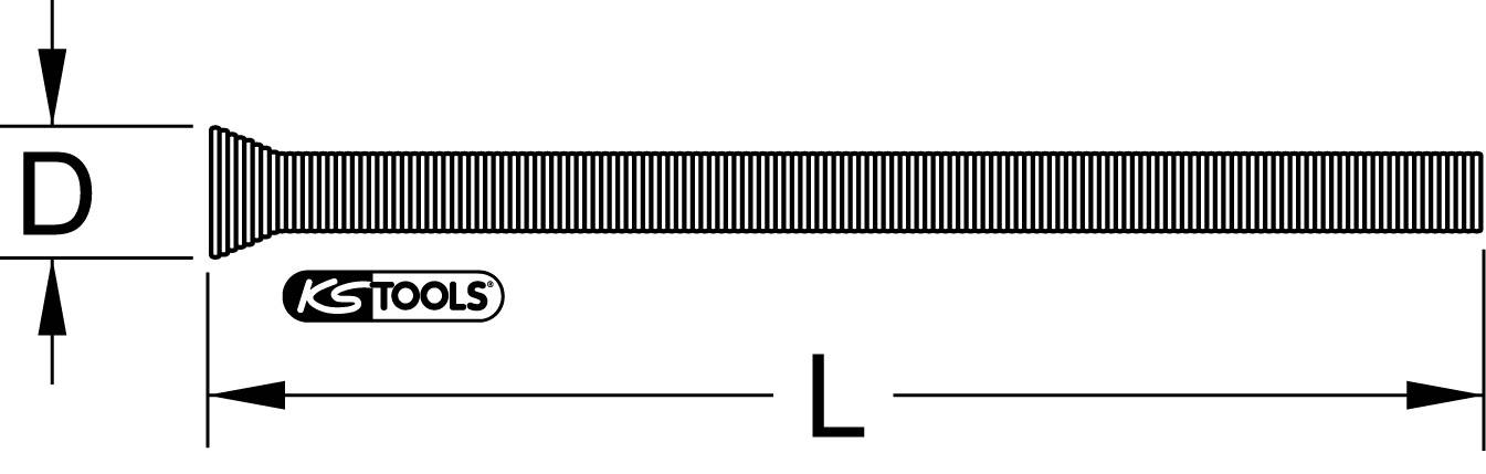 Diagramm eines Werkzeugs mit geriffeltem Griff und den Markierungen 'D' für die Breite und 'L' für die Länge.