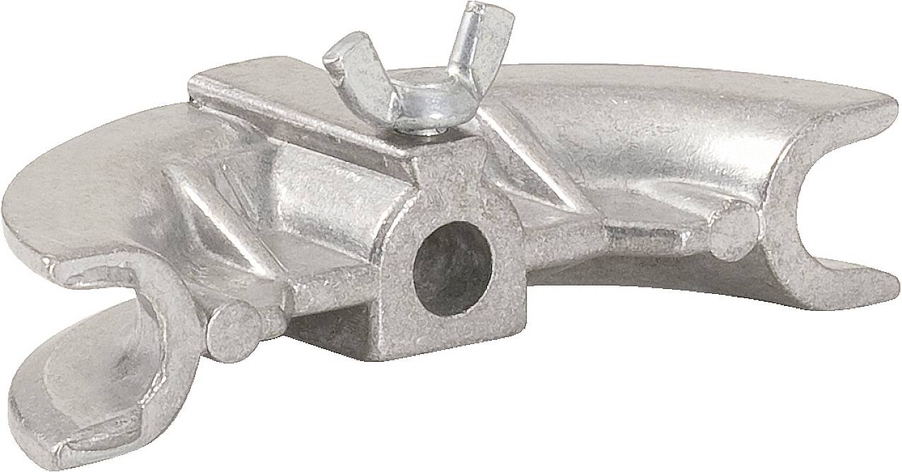 Metallisches Bauteil mit Flügelmutter, vermutlich Teil einer mechanischen Vorrichtung oder Halterung.