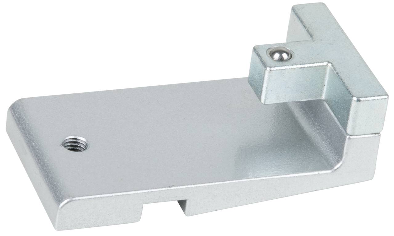Ein silberfarbenes Metallteil mit zwei Abschnitten und einer Schrauböffnung, oft verwendet als Halterung oder Befestigungselement.