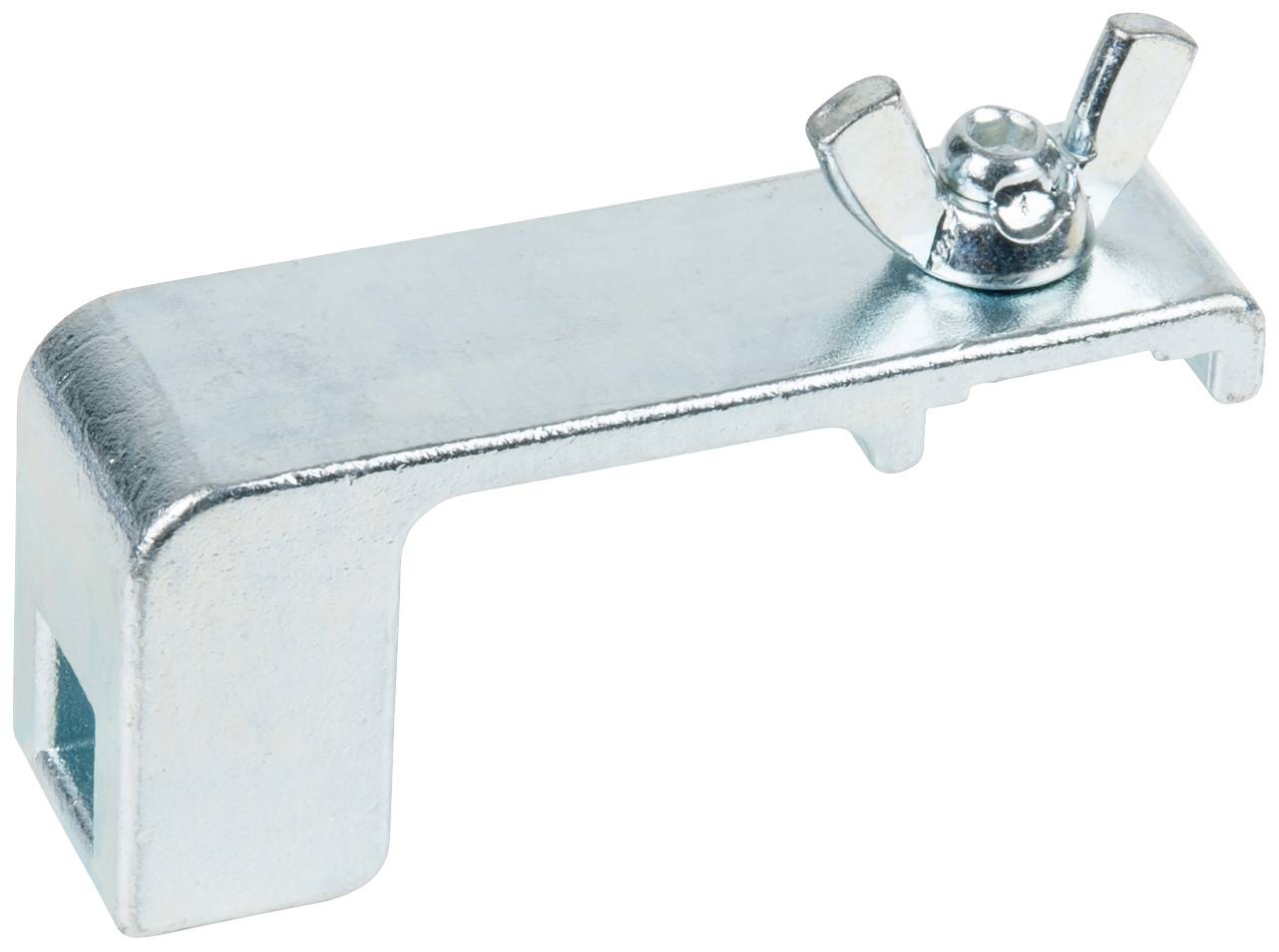 Metallwinkel mit Flügelmutter zur Befestigung und Sicherung von Gegenständen, geeignet für handwerkliche Anwendungen.