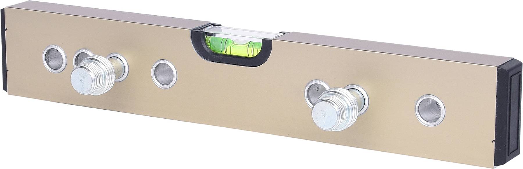 Metallisches Werkzeug mit eingebauter Wasserwaage, zwei verstellbaren Schrauben und drei Löchern, vermutlich zur genauen Justierung.