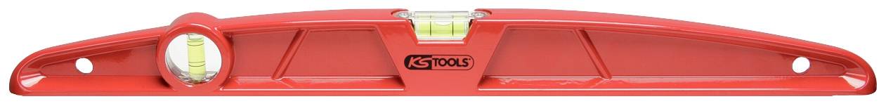 Eine rote Wasserwaage mit zwei Libellen zur genauen Nivellierung von Oberflächen.