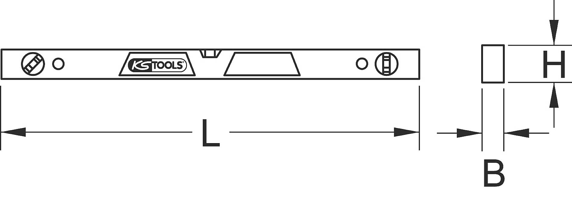 Abbildung einer Wasserwaage mit der Aufschrift KS Tools. Maße sind L, B und H markiert.
