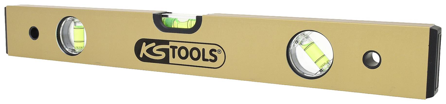Wasserwaage aus Metall mit drei Libellen: zwei senkrecht und eine waagrecht. Markenname 'KS Tools' in der Mitte.