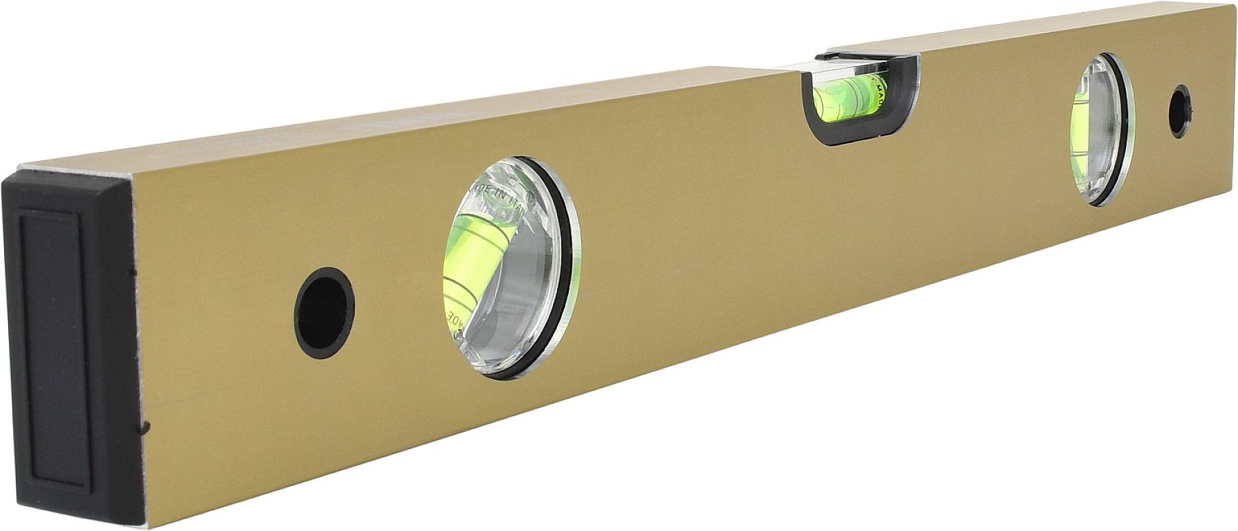 Wasserwaage in Goldfarbe mit zwei Libellen zur Nivellierung. Liegt flach auf einer weißen Oberfläche.