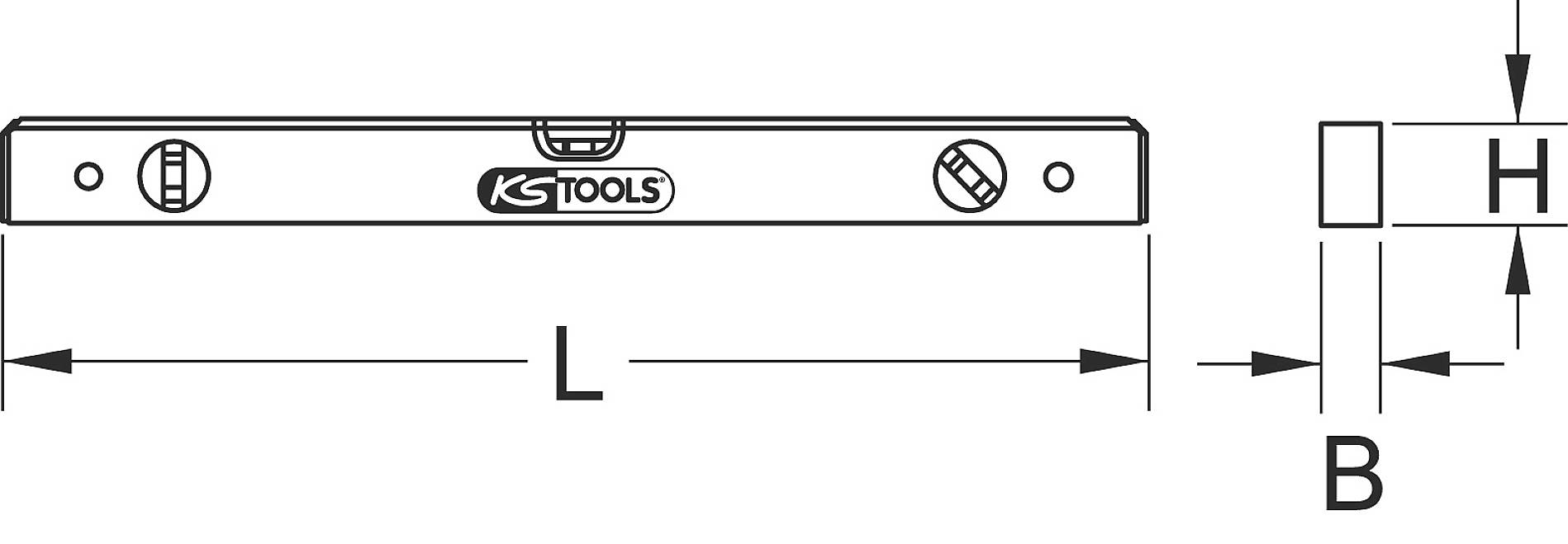 Abbildung zeigt eine technische Zeichnung einer Wasserwaage mit Längen-, Breiten- und Höhenangaben: L, B und H sowie dem Logo 'KS TOOLS'.