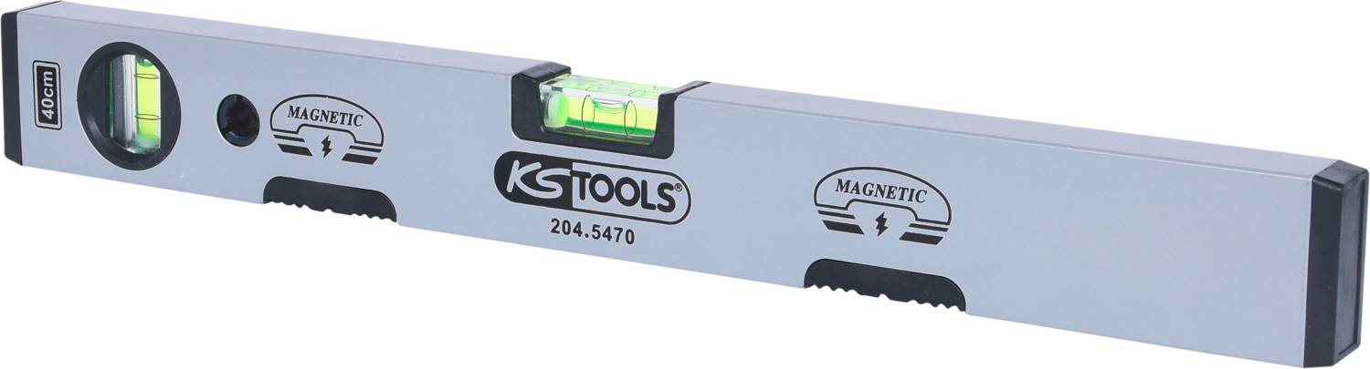 Wasserwaage mit zwei Libellen, silbernes Gehäuse, Markenname 'KS Tools' in der Mitte, geeignet für präzises horizontales Ausrichten.