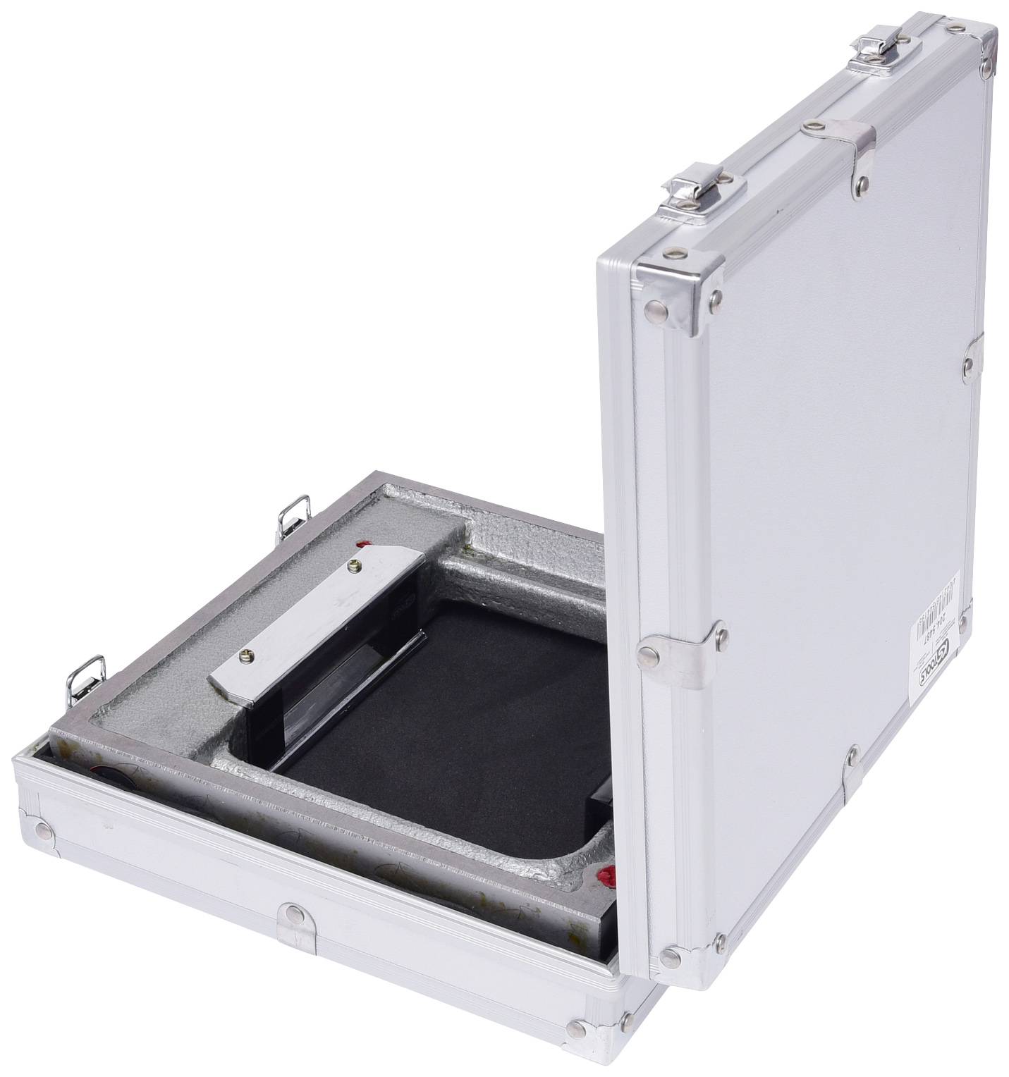 Offener Aluminiumkoffer mit gepolstertem Innenraum, geeignet für den sicheren Transport empfindlicher Gegenstände.