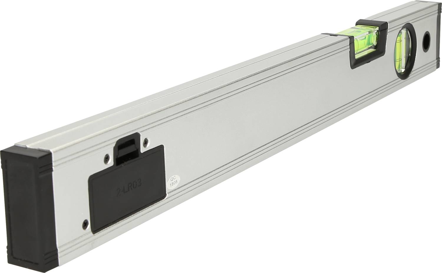 Wasserwaage aus Metall mit zwei Libellen zur Messung der Horizontal- und Vertikallage, auf weißem Hintergrund.