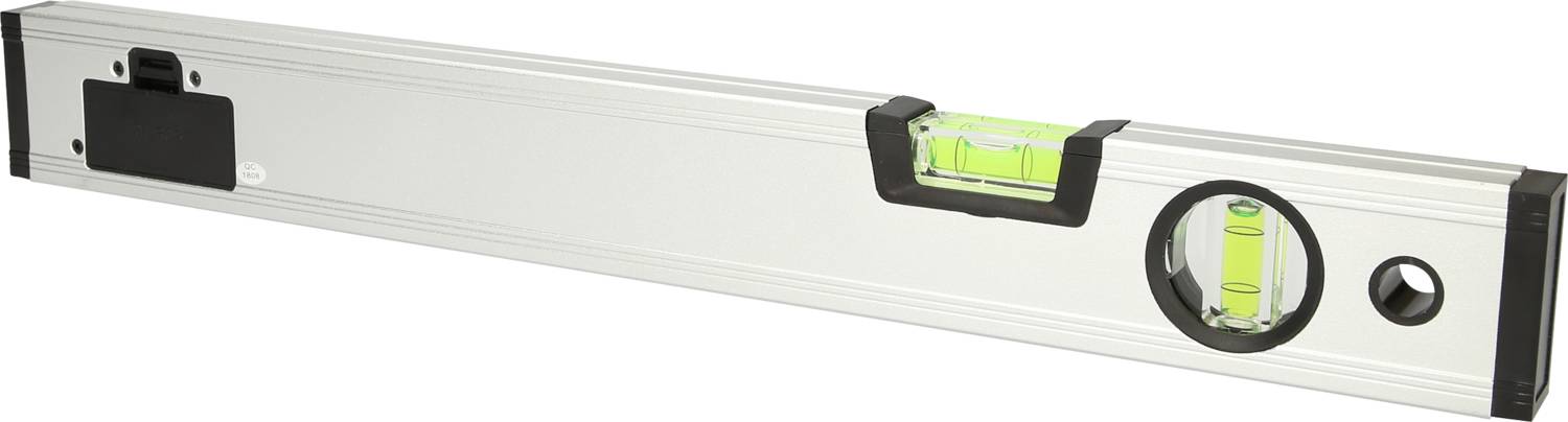 Eine silberne Wasserwaage mit zwei Libellen zur Messung von horizontalen und vertikalen Ebenen.