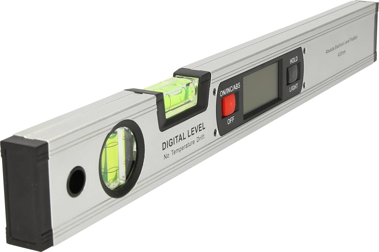 Digitale Wasserwaage in Silber mit grünem Libellenfenster und Digitalanzeige für präzise Neigungsmessungen.