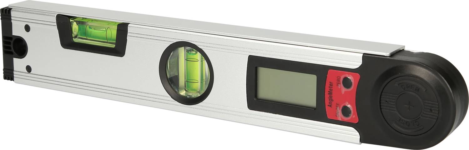 Elektronische Wasserwaage mit digitalem Display, zwei Libellen zur Messung von horizontalen und vertikalen Linien, silbernes Gehäuse.