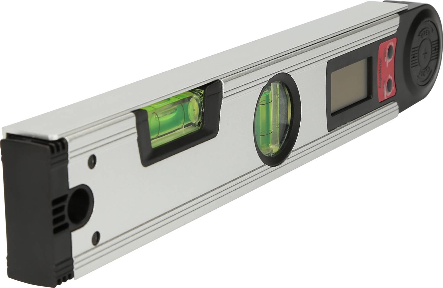 Eine silberne Wasserwaage mit grüner Libelle und digitalem Display, die zur Messung von Ebenen und Winkeln verwendet wird.