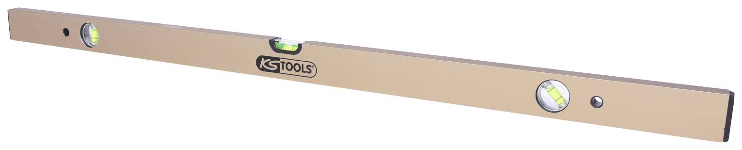 Wasserwaage mit drei Libellen zur Messung der Ebene. Goldfarbe, trägt das Logo eines Herstellers in der Mitte.