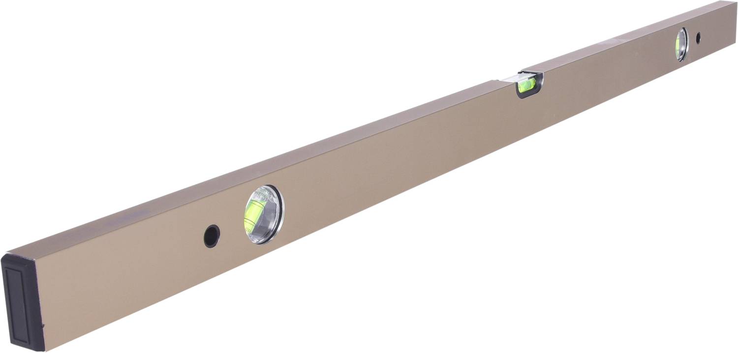 Eine goldene Wasserwaage mit zwei Libellen zur Überprüfung der horizontalen und vertikalen Ausrichtung.