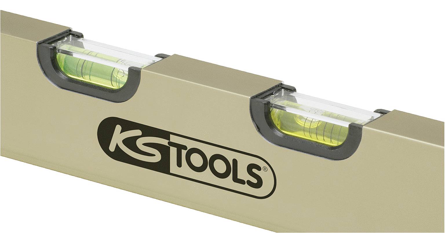 Eine Wasserwaage mit dem Logo 'KS Tools'. Sie zeigt zwei Libellen, die zur horizontalen Ausrichtung von Oberflächen verwendet werden.