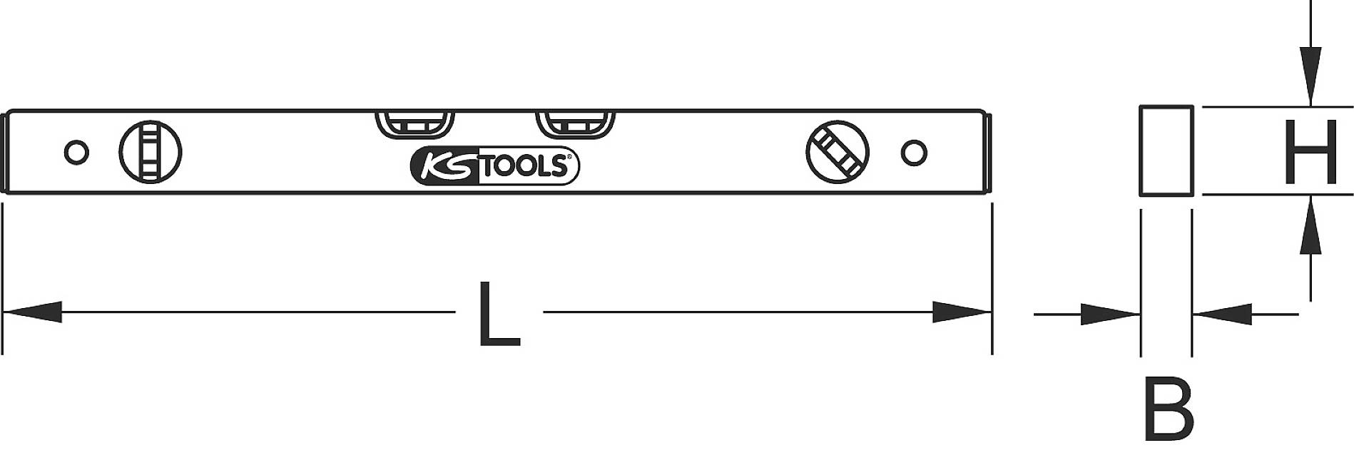 Nivelliergerät von KS Tools mit Länge (L), Breite (B) und Höhe (H) dargestellt in schematischer Zeichnung.