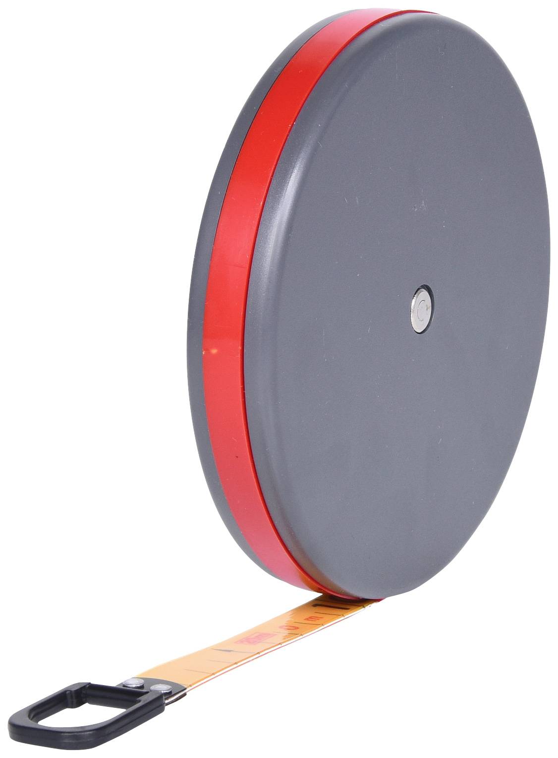 Graues Maßband mit rotem Rand, ausgerollt mit sichtbarer Skala, schwarzer Handgriff. Ideal für präzise Messungen.