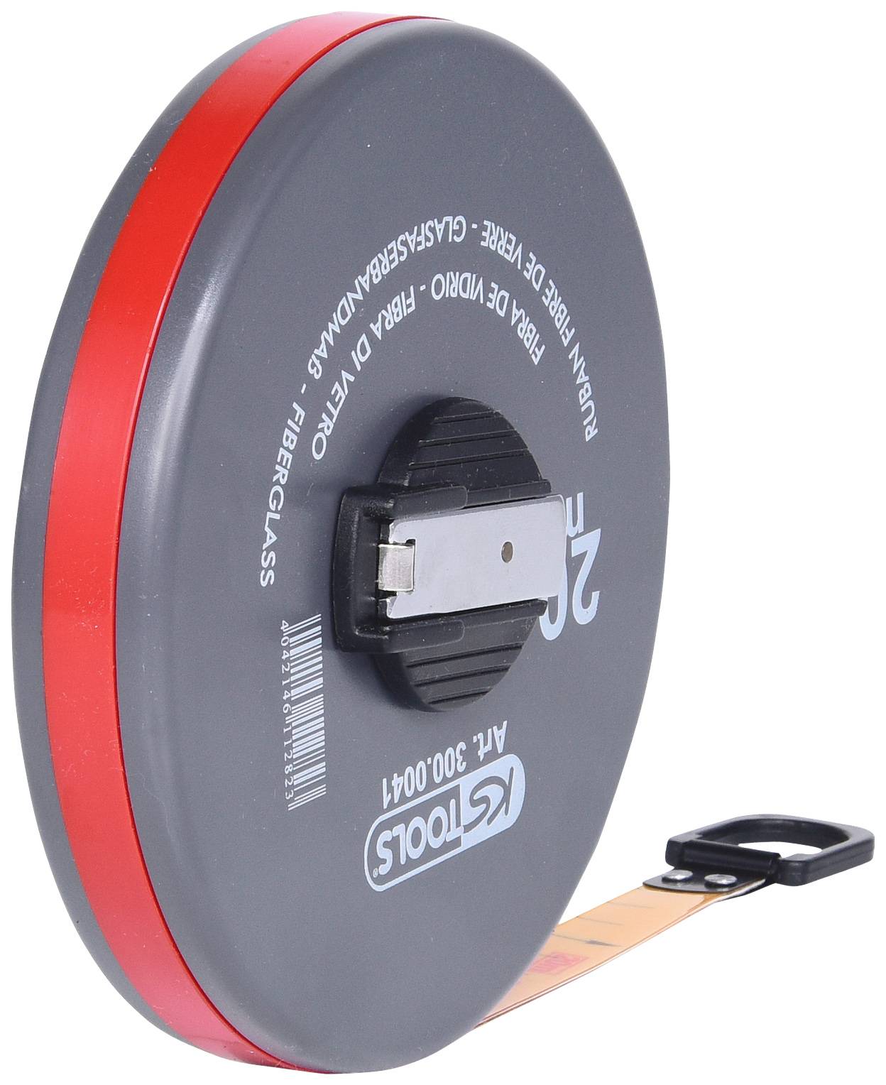 Ein graues Maßband in einer runden Hülle mit rotem Rand und schwarzem Griff. Aufschrift: 'KS Tools'. Fiberglas-Messband sichtbar.