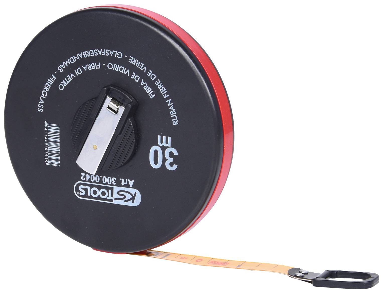 Schwarzes und rotes Rollmaßband mit 30 Metern Länge. Kunststoffgehäuse, Metallclip und Band mit Haken am Ende.