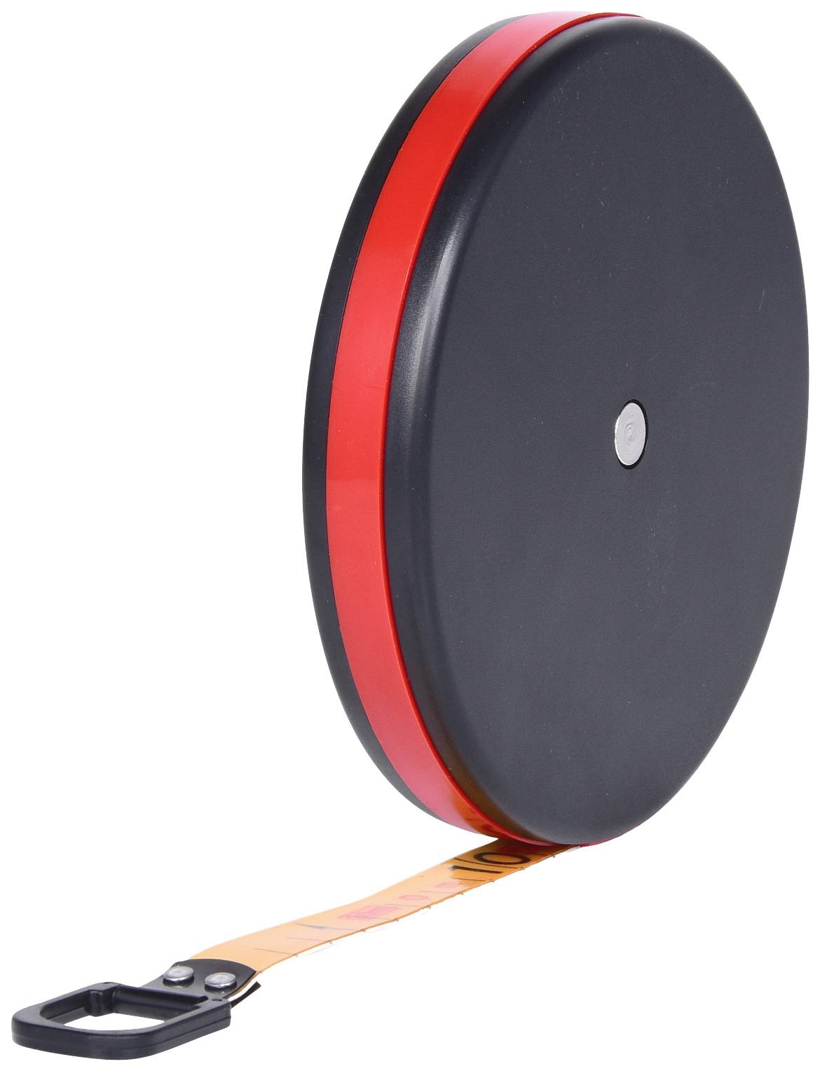 Runde, schwarze Maßbandrolle mit rotem Rand und ausgezogenem gelbem Band mit schwarzem Haken.