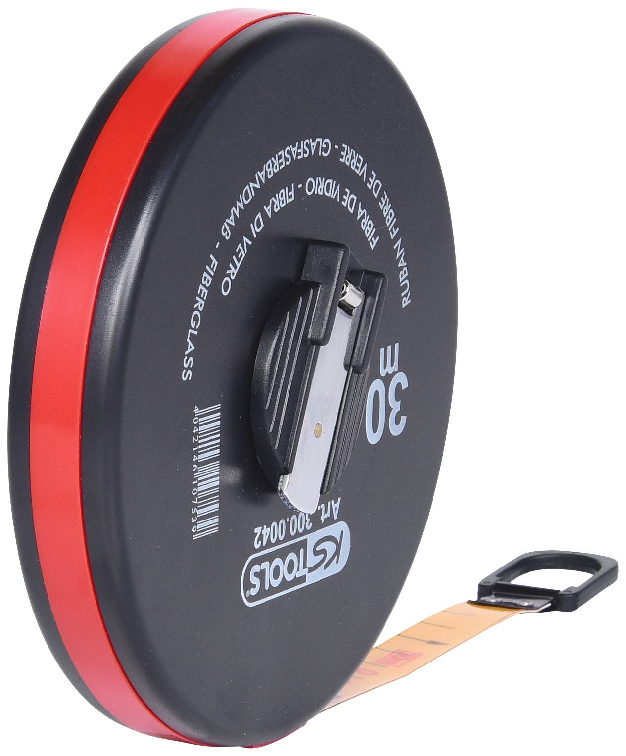 Schwarz-rotes 30 Meter Maßband mit Handkurbel und ausgezogenem fiberglasfarbenem Band.