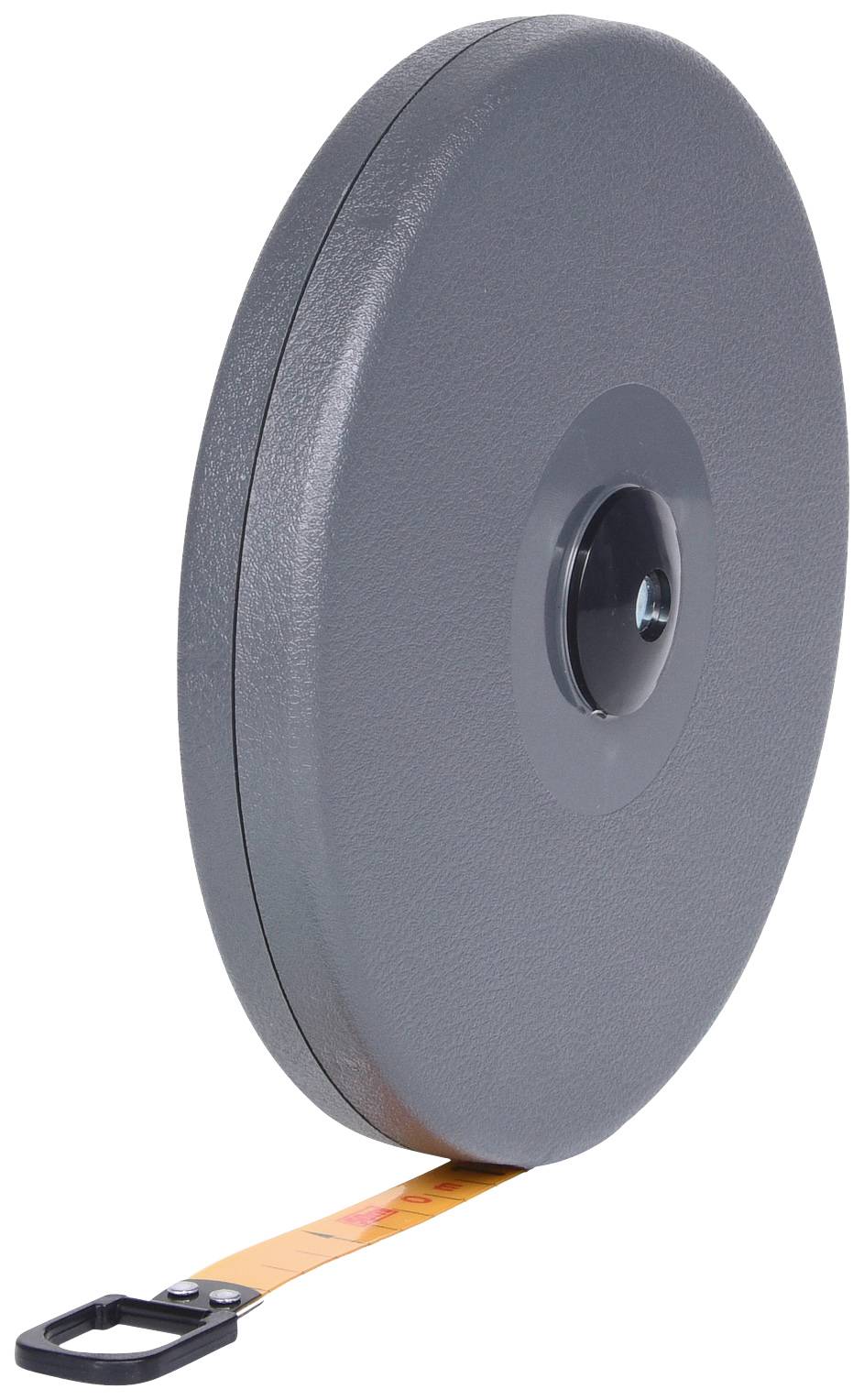 Ein graues Maßband mit runder Kunststoffhülle und ausziehbarem gelbem Band.