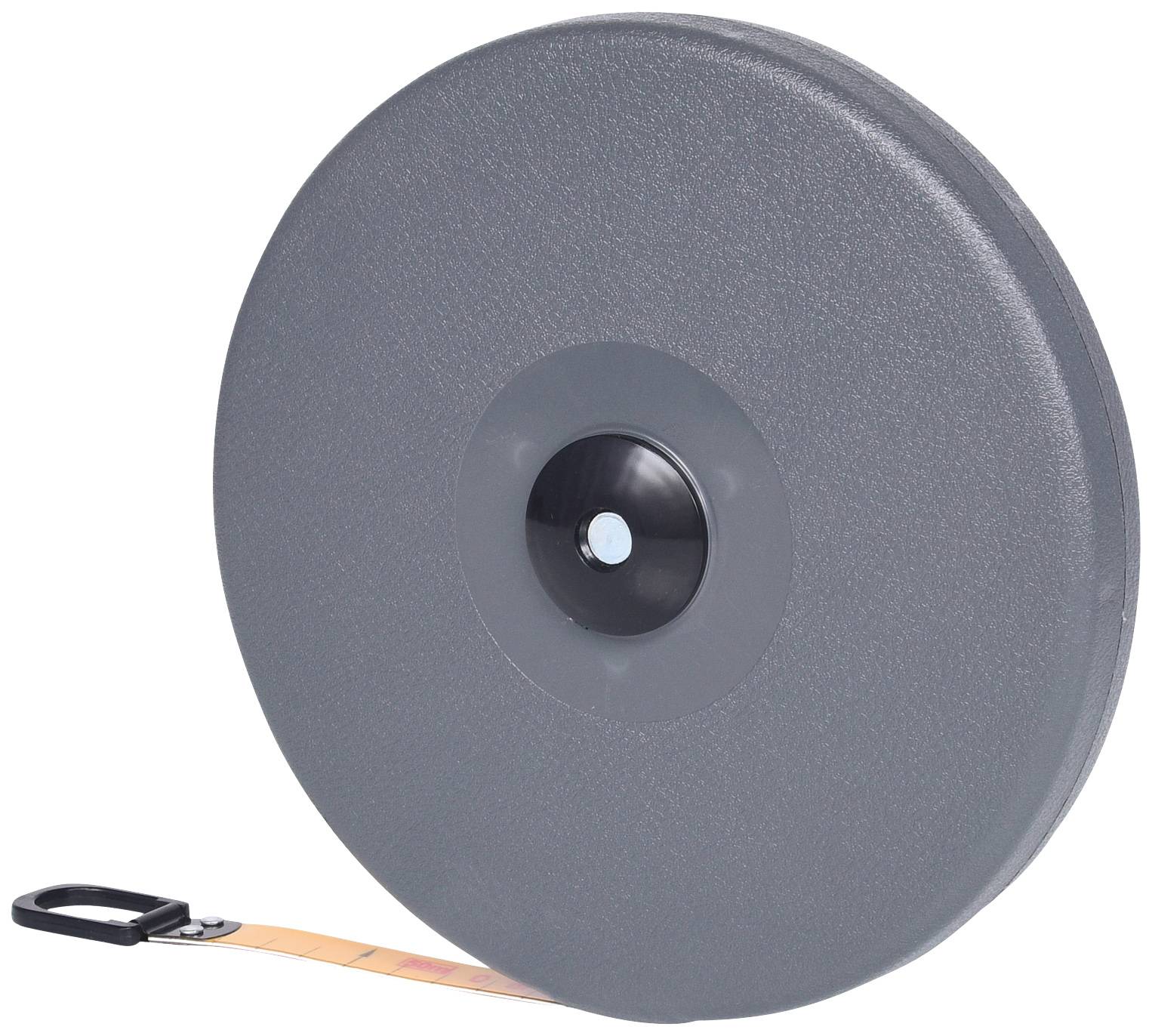 Graues Maßband mit schwarzem Gehäuse und ausziehbarem gelbem Band, leicht gespannt.