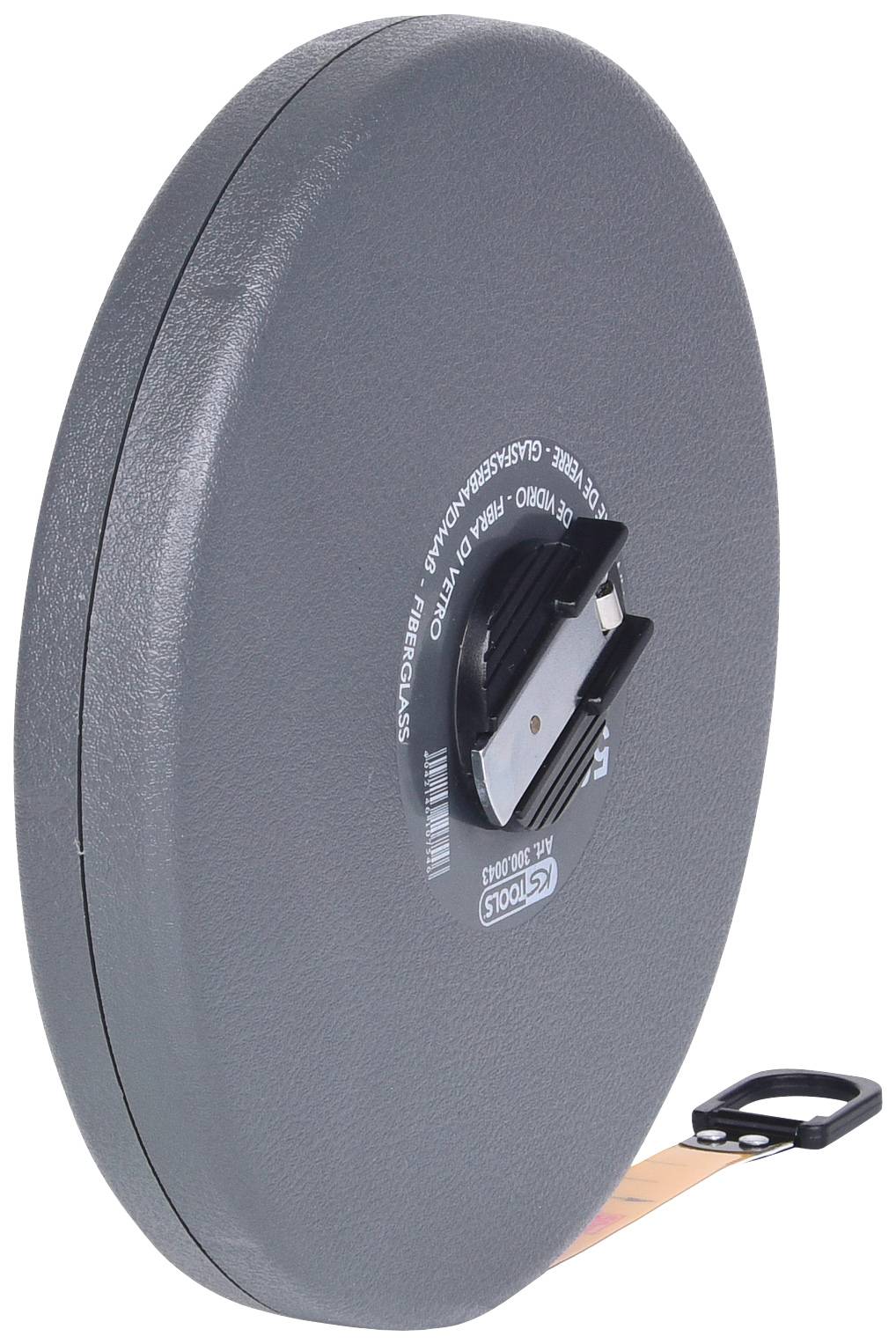 Ein stabiles Maßband mit Kunststoffgehäuse und Metallhaken, teilweise ausgezogen, dient zum präzisen Messen in handwerklichen Arbeiten.