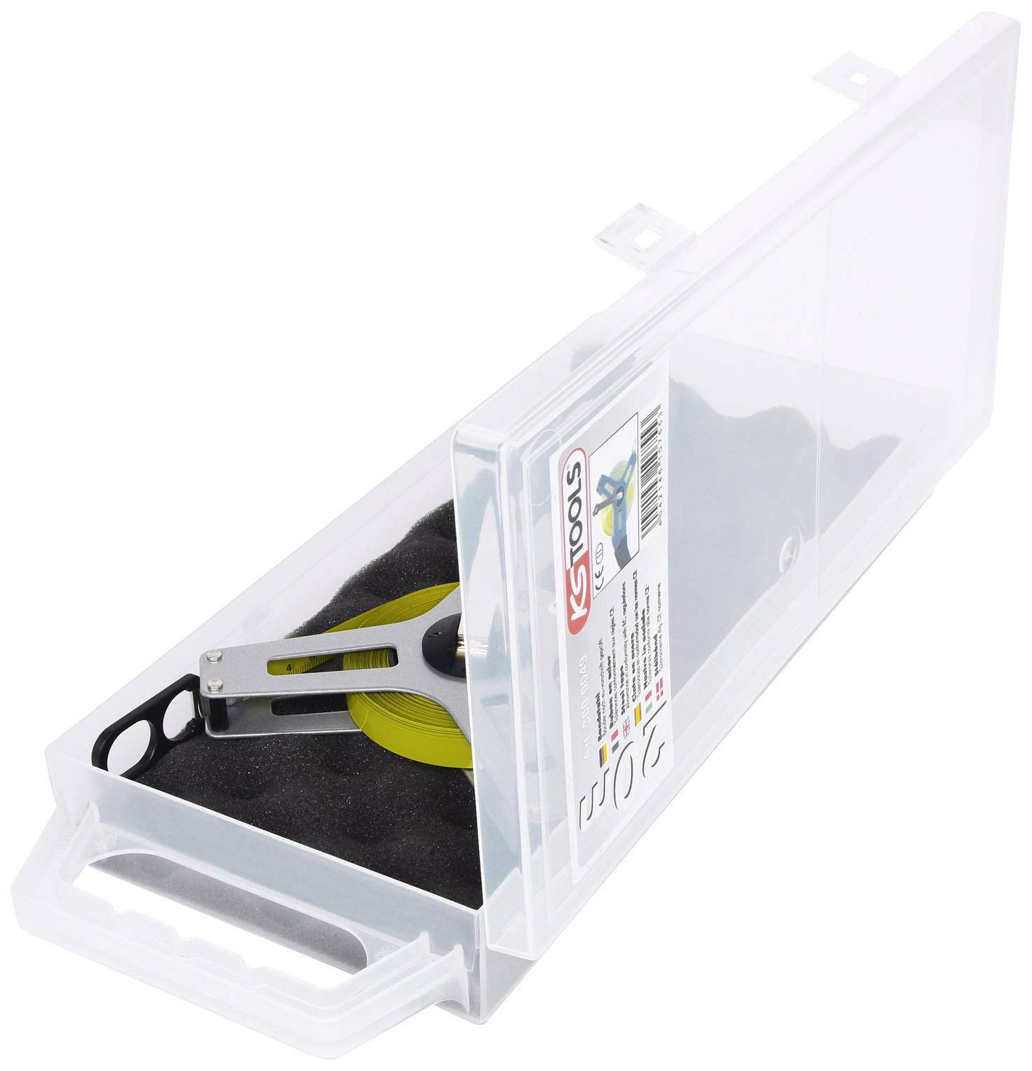 Durchsichtige Kunststoffbox mit Griff, enthält ein grünes und silbernes Werkzeug von 'KS Tools'.