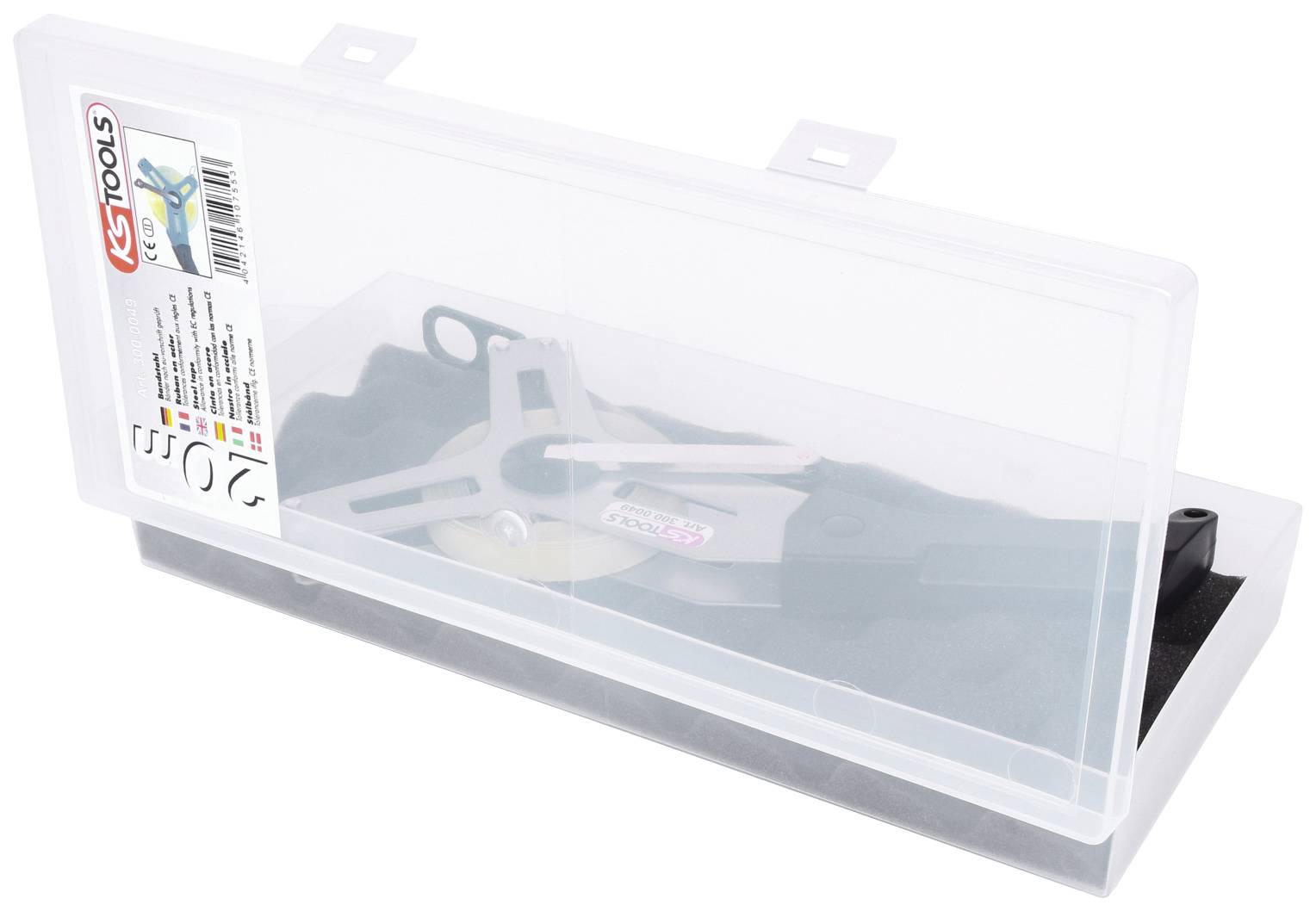 Ein mechanisches Werkzeug in einer transparenten Kunststoffbox, etikettiert mit 'KS Tools'. Die Box enthält ein verstellbares Messgerät.