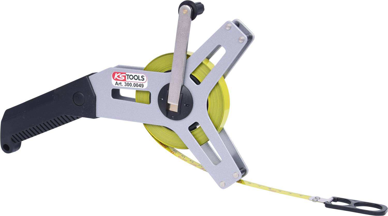Ein gelbes Maßband mit Handgriff und Haken, aufgerollt in einem schwarzen und silbernen Gehäuse, gekennzeichnet mit 'KS Tools'.