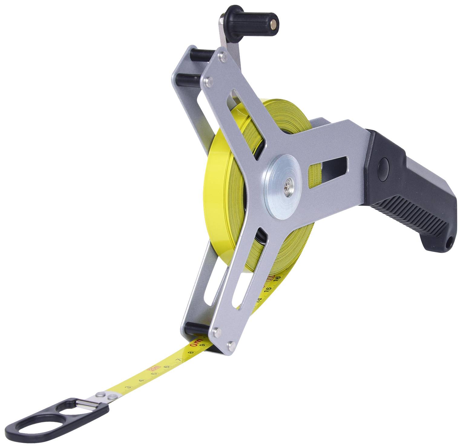 Gelbes Rollmaßband mit schwarzem Griff und Metallrahmen, ausgezogen auf Fliesen. Used for präzise Messungen in Bauprojekten.