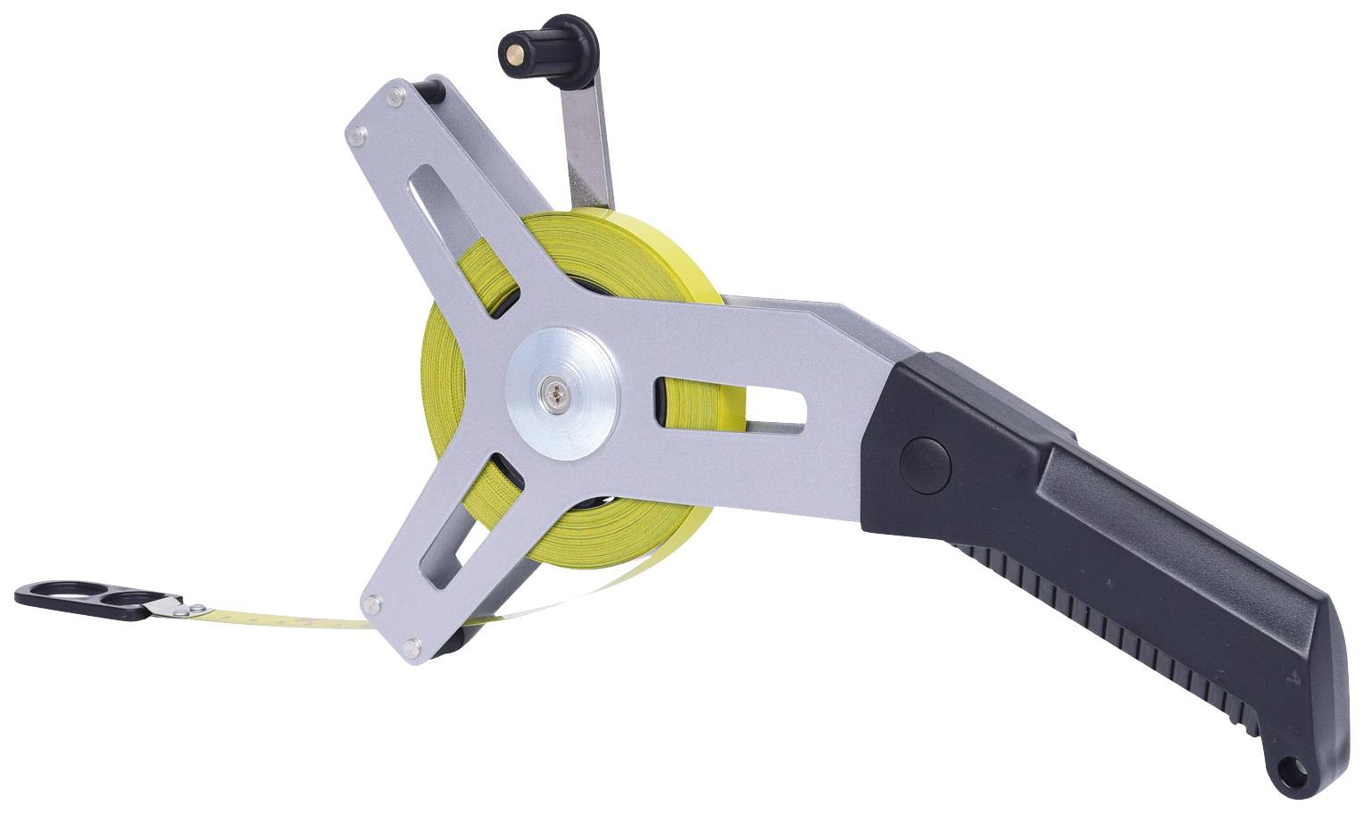 Messband mit Griff und Kurbel, langes gelbes Band, geeignet für präzises Messen in Bau- oder Gartenprojekten.
