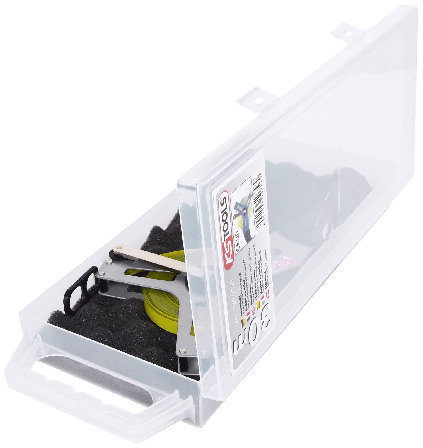 Ein transparenter Werkzeugkoffer enthält ein gelbes Bandmaß und ein Metallwerkzeug.