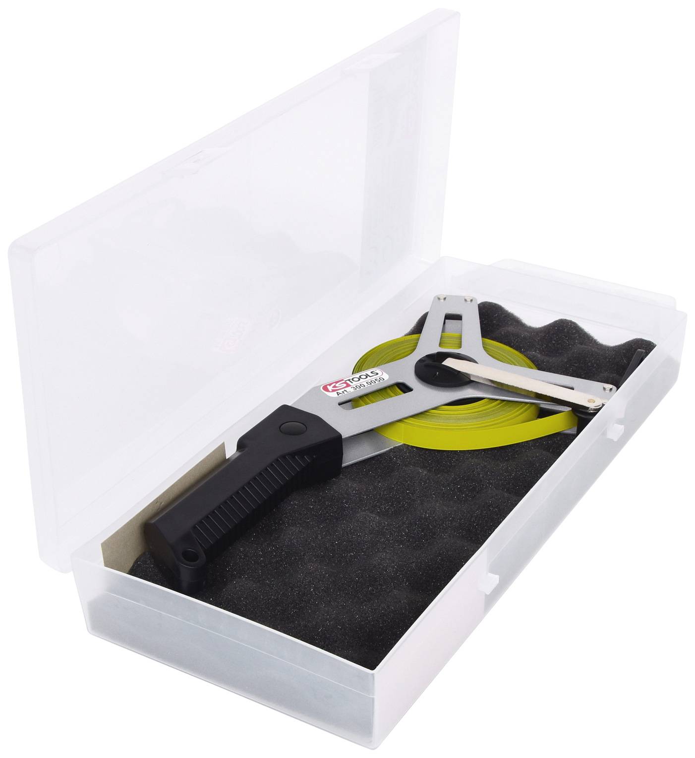 Werkzeugset in einer transparenten Box mit schwarzem Griff und einer übereinanderliegenden Skala, geeignet zur präzisen Messung.
