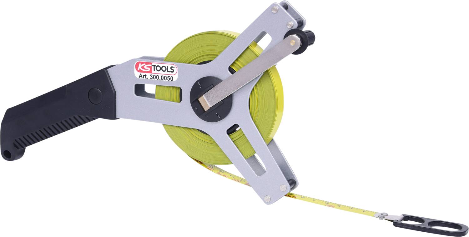 Gelbes Bandmaß in Metallrahmen, mit Kurbelgriff und Haken; geeignet für präzises Messen über längere Entfernungen.