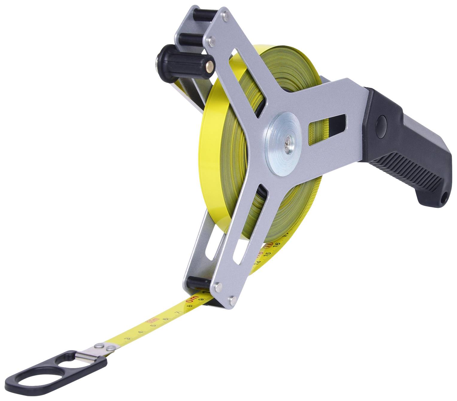 Ein gelbes Maßband mit schwarzem Griff, auf einer Spule befestigt, etwa einen Meter ausgezogen.
