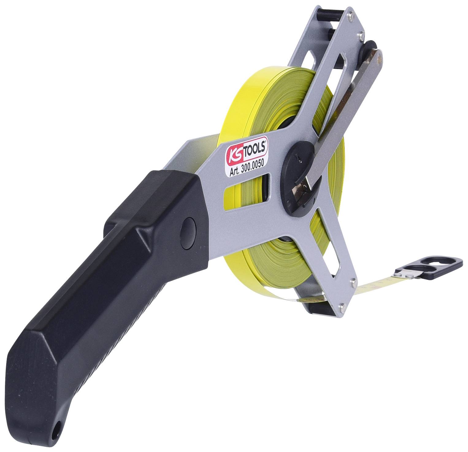 Gelbes Maßband auf Rollenhalterung mit schwarzem Griff, geeignet für präzise Messungen in Bau und Handwerk.