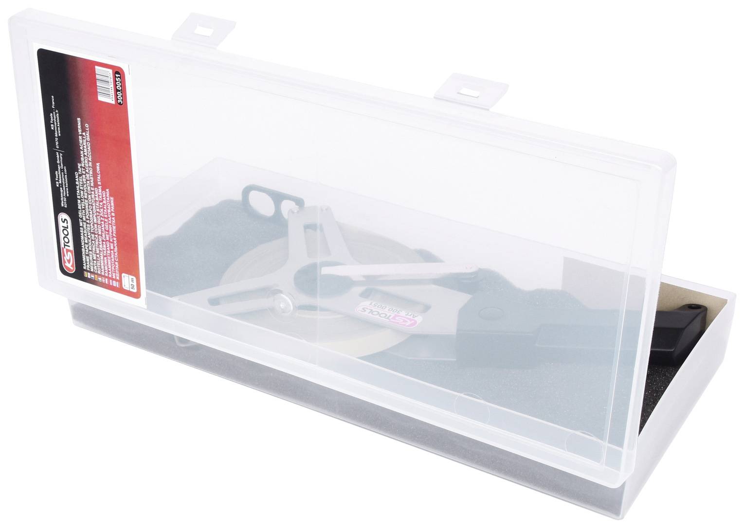 Eine geöffnete, transparente Plastikbox mit einem Metallschneider darin, eröffnet, um das Innenwerkzeug sichtbar zu machen.