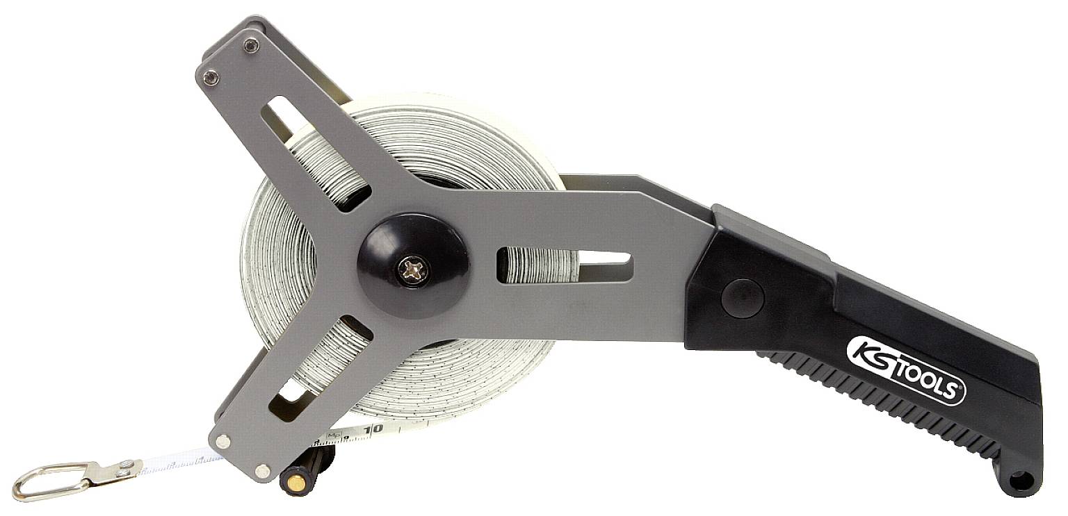 Ein Rollbandmaß mit Handkurbel und Haken, ideal für präzise Längenmessungen auf Baustellen oder im Handwerksbereich.