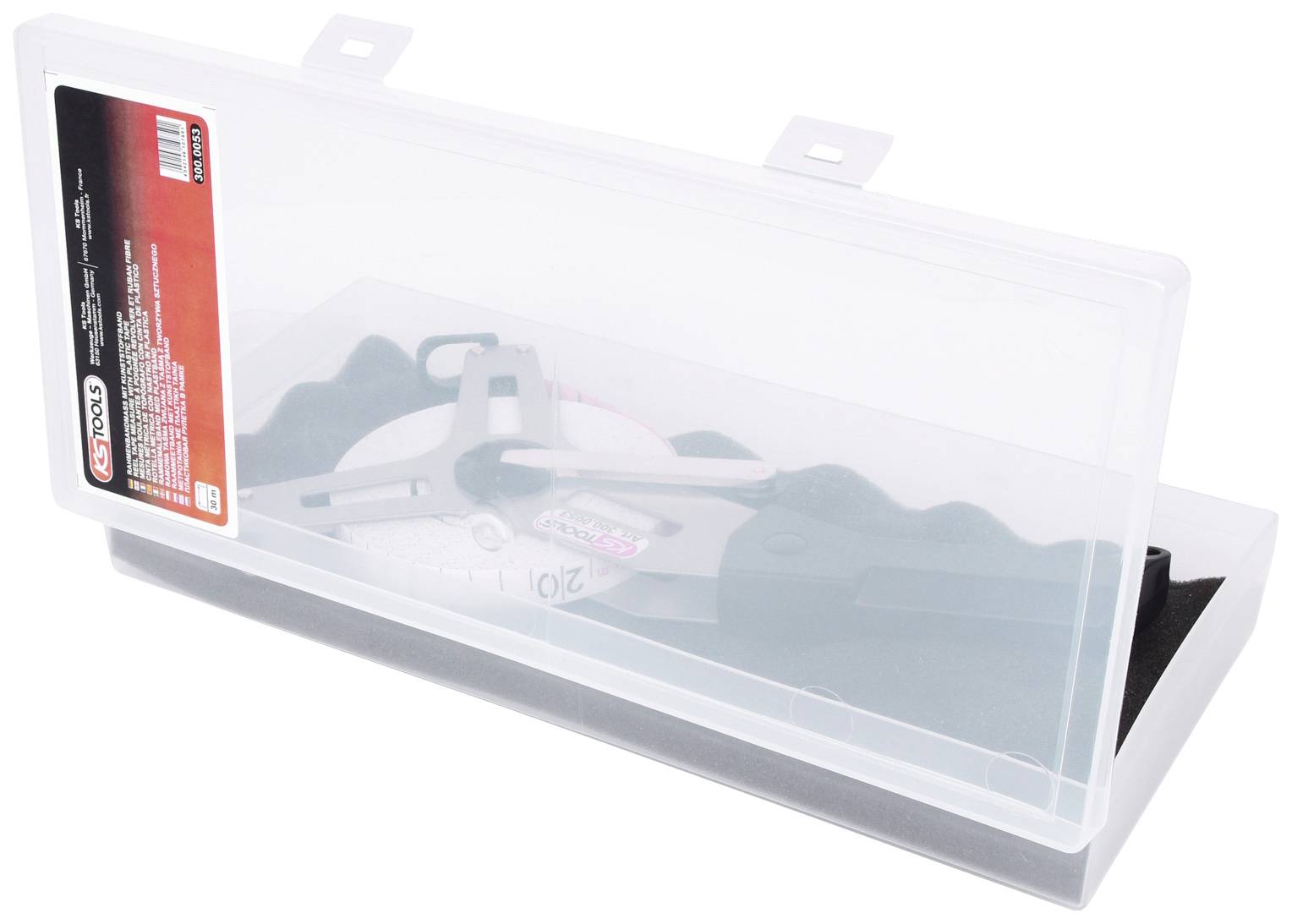 Transparente Kunststoffbox mit Werkzeug, das im Inneren sichtbar ist, einschließlich einer Zange. Box hat einen roten Produktaufkleber.