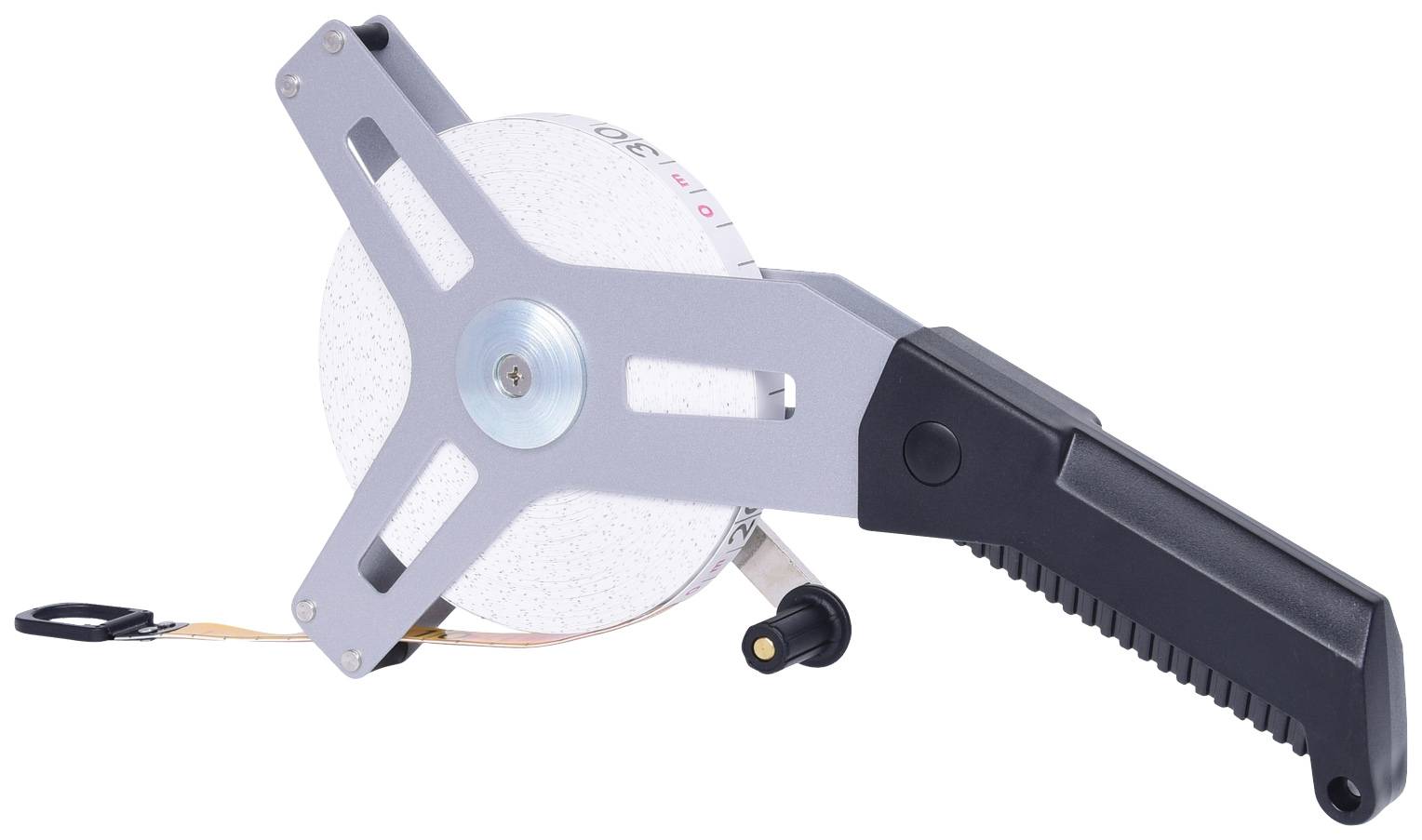 Ein grau-schwarzes Maßband mit einem Metallrahmen und einem ergonomischen Griff. Es hat eine abrollbare Maßbandspule.