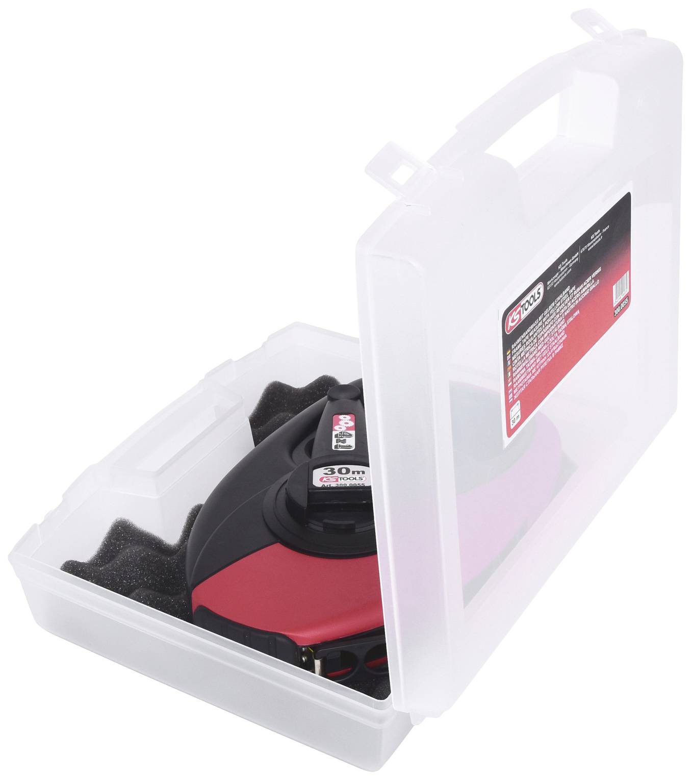 Ein rot-schwarzes Schleifgerät liegt in einem durchsichtigen Kunststoffkoffer mit Schaumstoffpolsterung.