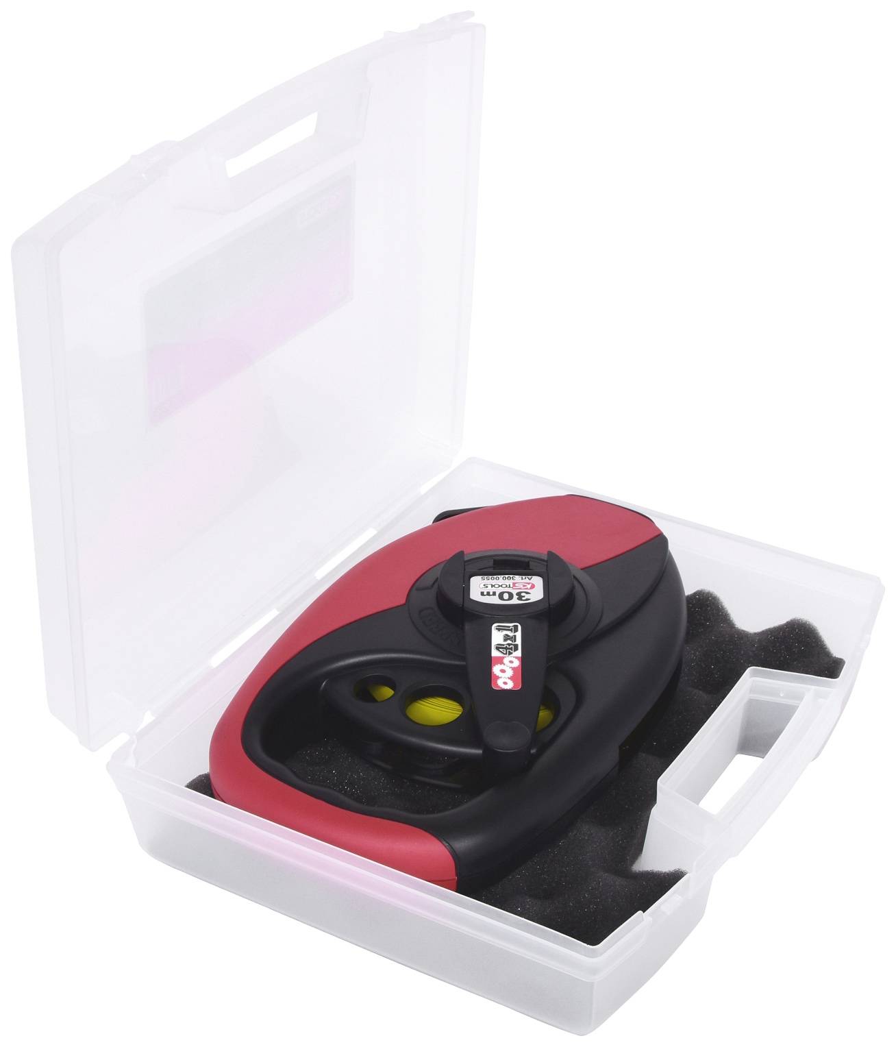 Ein elektronisches Messgerät in einem offenen weißen Kunststoffkoffer. Es hat eine rot-schwarze Oberfläche und maßbandähnliche Skala.