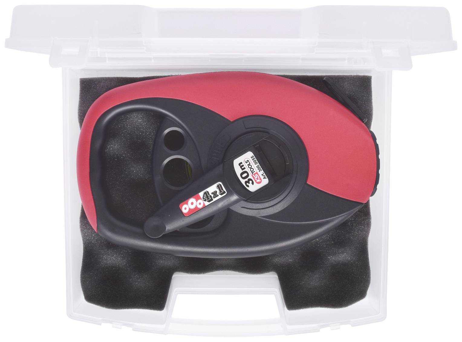 Ein rotes und schwarzes Laser-Entfernungsmessgerät in einer durchsichtigen Schutzhülle mit Schaumstoffeinlage.