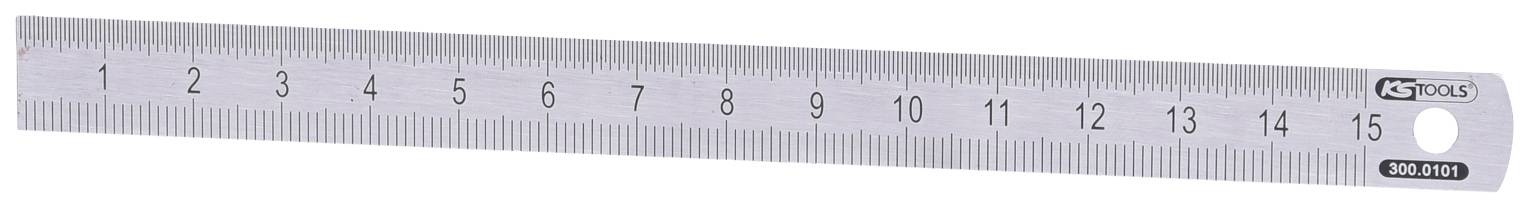 Ein silbernes Lineal mit Zentimeter- und Millimetereinteilungen von 1 bis 15.