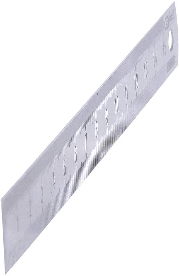 Ein transparenter Kunststofflineal mit Zentimeter- und Millimeter-Markierungen von 0 bis 15.