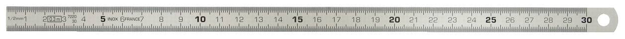 Ein silbernes Lineal mit Zentimeter- und Millimeterskalen von 0 bis 30 cm, nummeriert in 1-cm-Schritten.